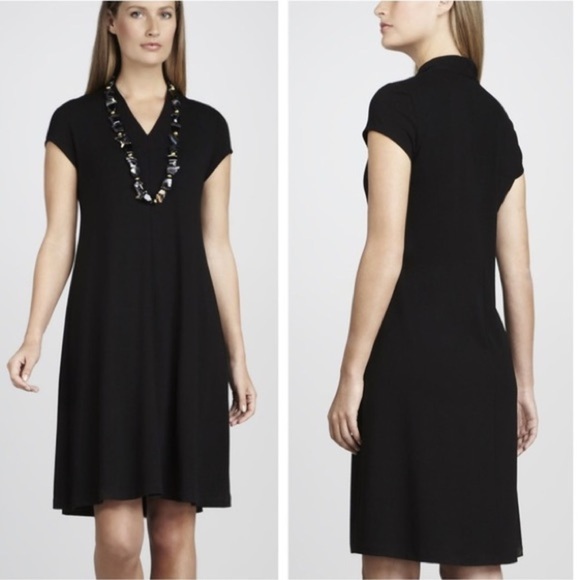 Eileen Fisher Cap Sleeve V-Neck Stretch Jersey Dress - Black - Size XL - Picture 1 of 8
